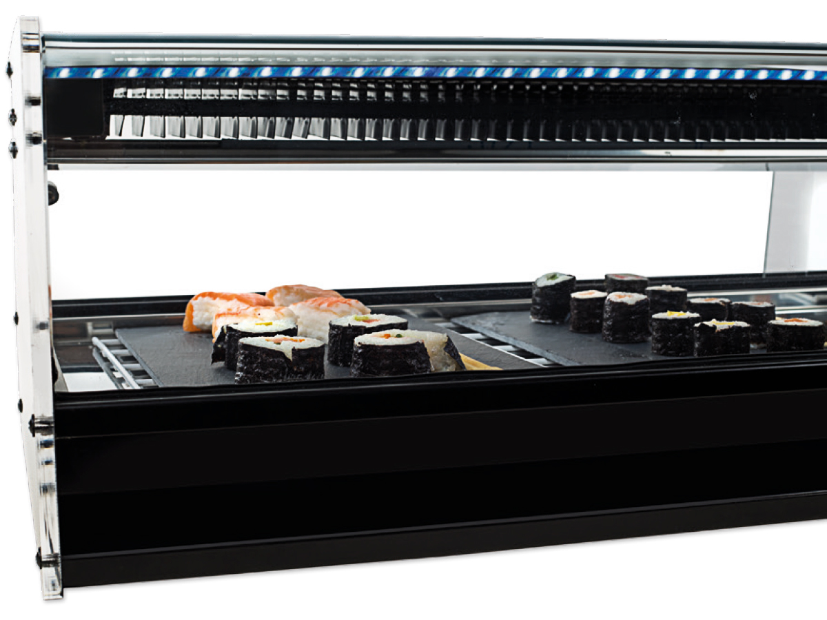 VITRINA REFRIGERADA SUSHI GRUPO INCORPORADO FRIÓ EN PLACA FRÍA Y EVAPORADOR SUPERIOR SHS-I VITRINAS GÓMEZ VITRINA REFRIGERADA SUSHI GRUPO INCORPORADO FRIÓ EN PLACA FRÍA Y EVAPORADOR SUPERIOR SHS-I VITRINAS GÓMEZ